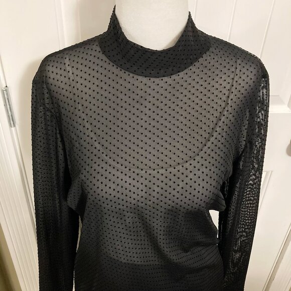 KAFFE Black semi-sheer polka dot mockneck top ~ Goth stretchy LARGE XL 1X shirt - Picture 4 of 14
